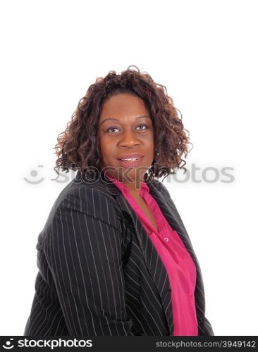 A closeup image of an African American woman in a suit jacket and curlybrown hair, isolated for white background.