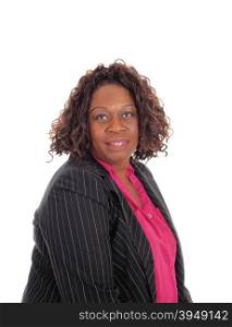 A closeup image of an African American woman in a suit jacket and curlybrown hair, isolated for white background.