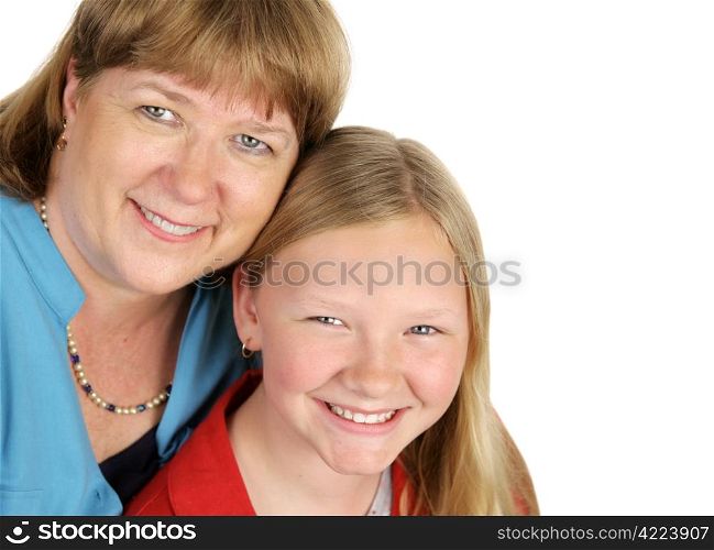 A closeup of a blond mother and daughter. Isolated on white with room for text.