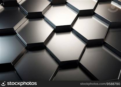 A closeup of a hexagonal metal pattern on a polished background. This abstract ima≥is perfect for use in a variety of designs, including backgrounds, textures, and patterns. Ge≠rative AI