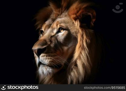 A closeup of a male Lion on a black background created with generative AI technology