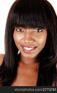 A closeup photo shoot of a beautiful African American woman with herlong black straight hair, smiling for white background.
