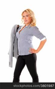 A closeup picture of a beautiful blond young woman in a grey blouse andjacket, isolated on white background.