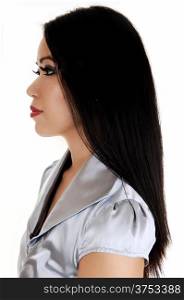 A closeup picture of a beautiful young Chinese woman in profile withher long black hair, for white background.