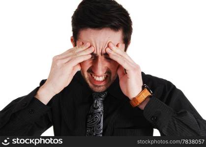 A closeup picture of a businessman holding his head for heavy headacheisolated for white background.
