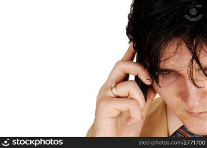 A closeup picture of a businessman on the cell phone, only half face,for white background, talking in the phone.