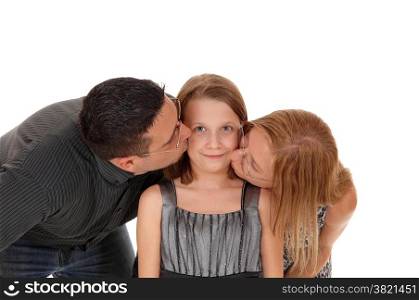 A closeup picture of a couple kissing there young daughter on thechick, isolated for white background.