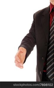 A closeup picture of a man&rsquo;s hand outstretched, greeting someone, isolated on white background.