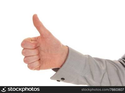 A closeup picture of a man&rsquo;s hand with the thump up, isolated onwhite background.
