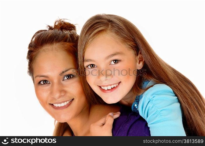 A closeup picture of a mother and daughter playing for isolated white background, the girl sitting on the back of her mother.