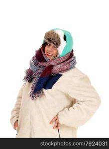A closeup picture of a woman with a big scarf around her neck and head,dressed for very cold weather, isolated for white background.