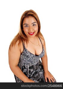 A closeup picture of a young Asian woman sitting in a black and whitedress, looking up into the camera, isolated for white background.