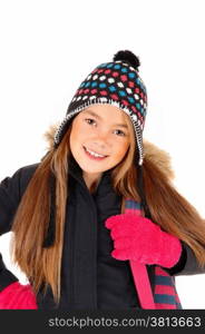 A closeup picture of a young girl with long blond hair, a hat and mittens,standing isolated for white background.