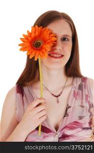 A closeup picture of a young woman holding a daisy for one eyefor white background.