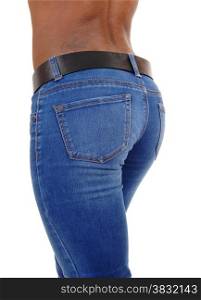 A closeup picture of the bottom of a young black woman in jeans,isolated for white background.