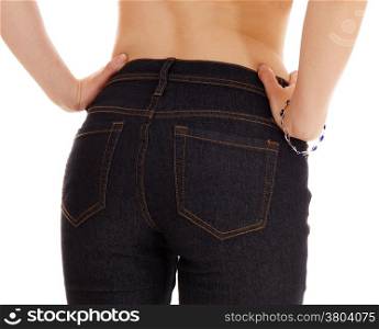 A closeup picture of the bottom of a young woman in jeans standingfrom the back, isolated for white background.