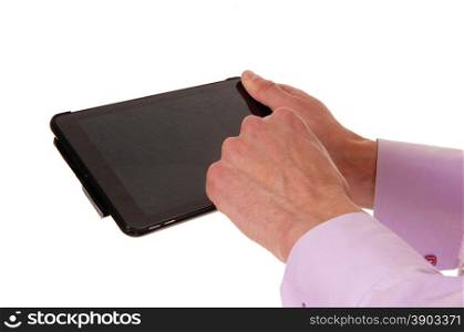 A closeup picture of two hands holding and working on a tablet pc,isolated for white background.