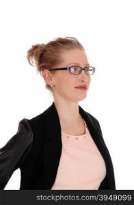 A closeup portrait image of a blond business woman standing with glassesand a black jacket isolated for white background.