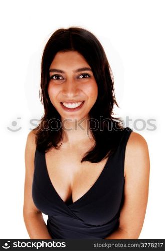 A closeup portrait of a young smiling woman in a black dress, isolatedon white background.