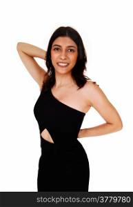 A closeup portrait of a young smiling woman in a black dress, isolatedon white background.