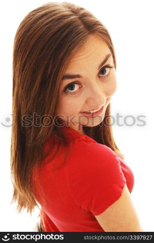 A closeup portrait of an beautiful girl in a red sweater, looking over her shoulder smiling, on white background.