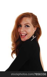 A closeup portrait picture of a classy woman in a black dress, laughing,isolated for white background.