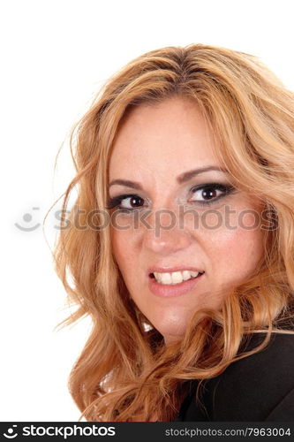 A closeup portrait picture of a young blond woman, isolated for whitebackground.