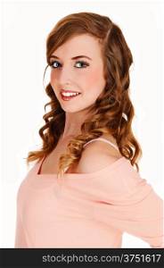 A closeup portrait picture of a young pretty teenager with long curly hair&#xA;in a pink blouse and blue eyes, for white background.&#xA;