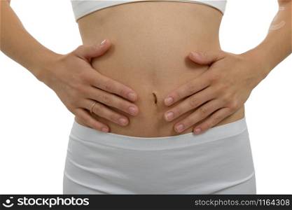 a closeup woman stomach ache with white background