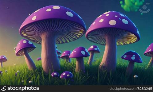 A cluster of vibrant mushrooms perched atop a luxuriant green field beneath a deep purple sky. Generative AI.