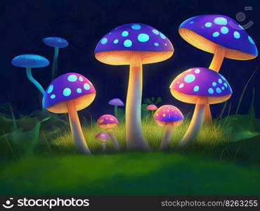 A cluster of vibrant mushrooms perched atop a luxuriant green field beneath a deep purple sky. Generative AI.