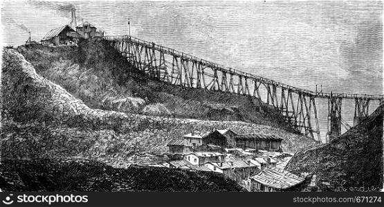 A coal mine in Swansea, vintage engraved illustration. Le Tour du Monde, Travel Journal, (1865).