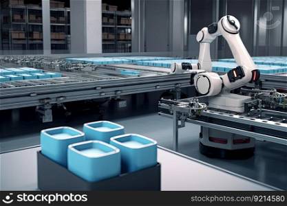 a cobot carrying a tray of parts towards a factory robot, created with generative ai. a cobot carrying a tray of parts towards a factory robot