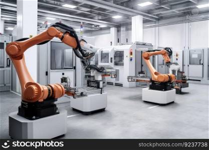 a cobot performing precise tasks on a factory line, with other robots nearby, created with generative ai. a cobot performing precise tasks on a factory line, with other robots nearby