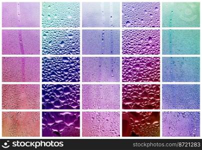 A collage of many different fragments of glass, decorated with rain drops from the condensate. Purple and violet tones