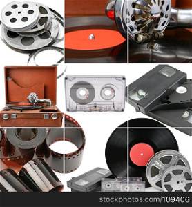 A collage of retro music and photo and video equipment. Gramophone, vinyl record, videocassettes and audiocassettes isolated on white. background