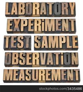 a collage of words related to experimental research - laboratory, experiment, test, sample, observation, measurment - isolated text in vintage letterpress wood type