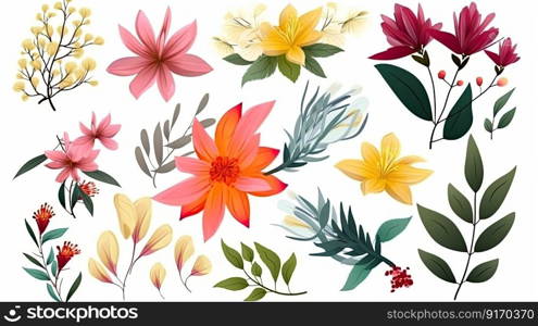 A collection of colorful spring flowers with floral branches, leaves, and foliage. Isolated on a white background generative AI