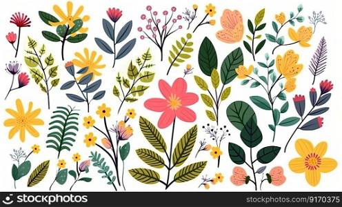 A collection of colorful spring flowers with floral branches, leaves, and foliage. Isolated on a white background generative AI