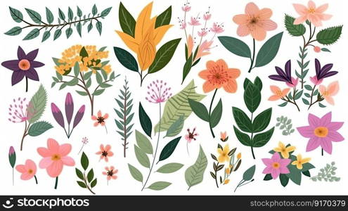 A collection of colorful spring flowers with floral branches, leaves, and foliage. Isolated on a white background generative AI