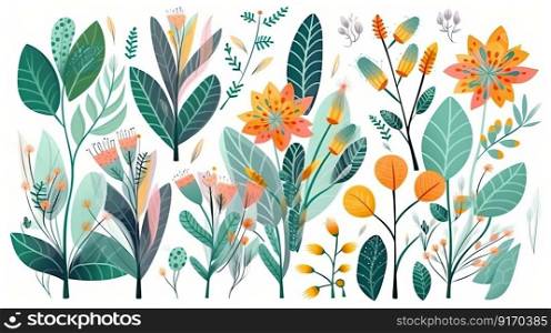 A collection of colorful spring flowers with floral branches, leaves, and foliage. Isolated on a white background generative AI