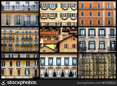 A collection of images that features the facades of apartment and public buildings from different countries in Europe