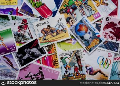 A collection of sport stamps from different countries, such as Vietnam, Cape Verde, Poland, Equatorial Guinea, Hungary, Korea and others