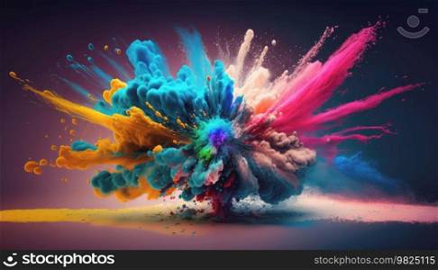 A color explosion frozen in ultra high speed photography. The image is a mesmerizing display of vibrant colors and fluid shapes, all captured in a split second. The explosion appears to be bursting outwards from the center of the image, with ribbons of color streaming out in all directions. The intricate patterns of the explosion create a dynamic and visually striking image, one that would be perfect for use in a variety of creative projects. This photo is truly a masterpiece of high-speed photography, capturing a fleeting moment of beauty and wonder.. AI generative illustration
