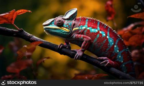 A colorful chameleon perched on a branch. Generative AI