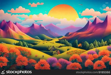 A colorful, fantastical scene with mountains and meadows. Generative AI.