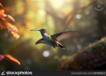 A colorful hummingbird perched on a branch, surrounded by the lush greenery of a forest. A perfect ex&le of the beauty of nature. AI Generative.