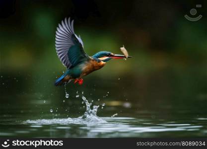 A colorful kingfisher in flight catching a fish from a lake created with generative AI technology