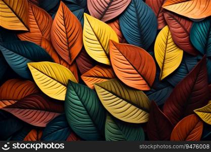 A colorful paper cut background with overlapping leaves in shades of green, orange, yellow, red, and brown. Perfect for autumn and fall designs. Generative AI