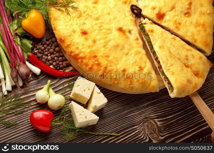 A colorful photo of traditional delicious beef osetinian pie.